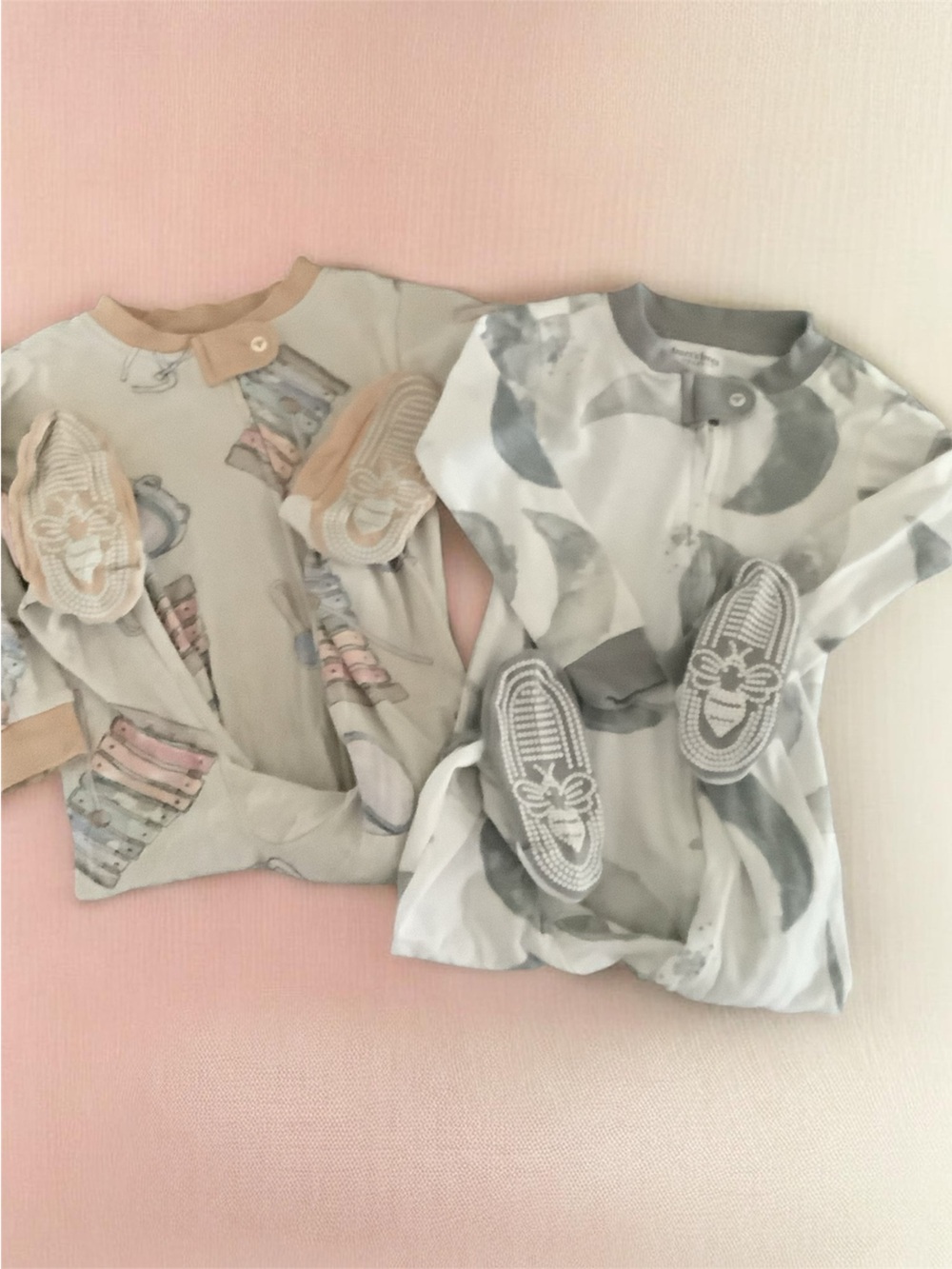 Set of two Burt’s bees baby Moon & Rocket Footed pajamas- Beige and Gray